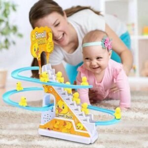 Musical Duck Climbing Stairs Toy with LED Lights and Race Track for Kids - Educational Battery Operated Small Duck Track Set for Babies