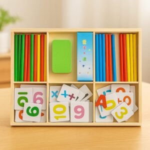 Wooden Multifunctional Learning Box for Kids - 2-in-1 Blackboard & Math Study Set with Counting Rods - Montessori Educational Calculation Toy for Toddlers
