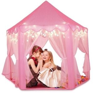 Princess Castle Tent House for Girls with Fairy Lights - Large Hexagon Kids Play Tent for Indoor & Outdoor Fun - Pink Portable Playhouse Toy for Toddlers