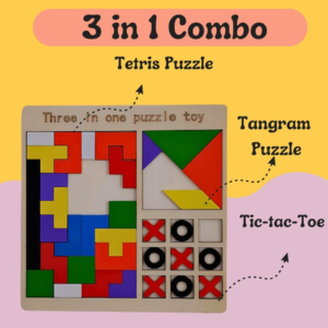 3-in-1 Wooden Puzzle Board for Kids – Tetris Puzzle, Tangram & Tic Tac Toe Educational Learning Toy